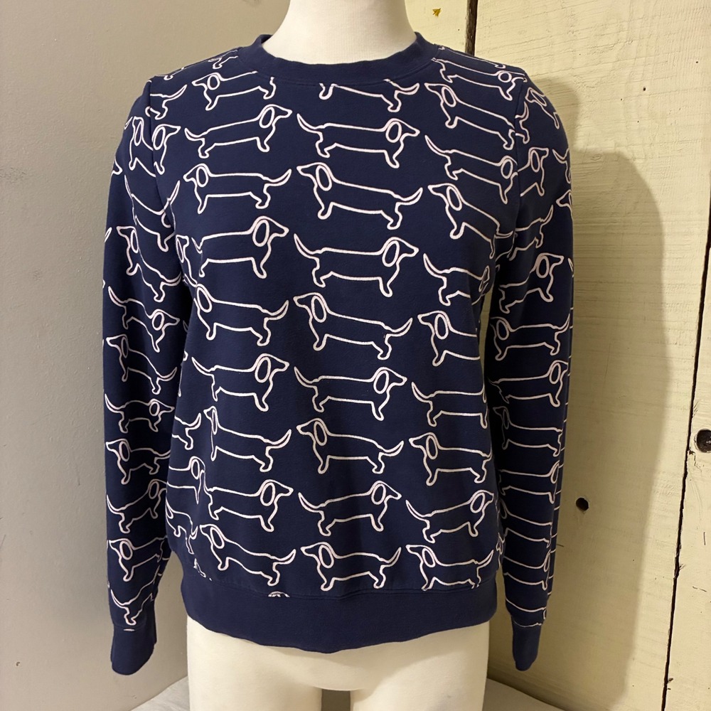 Boden Womens XS Hannah Dachshund Dog Print Cotton Crewneck Sweatshirt Blue White